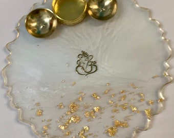 8' Hand-Made White Cloud and Real Gold Embellished Ganesh Resin Art Tray / Pooja Thali – Limited Edition