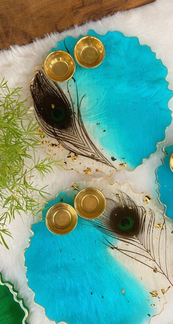 8' Hand-Made Peacock Feather and Real Gold Embellished Resin Art Tray /  Pooja Thali – Limited Edition