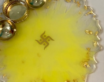 8' Hand-Made Yellow Splash and Real Gold Embellished Sathyo Resin Art Tray / Pooja Thali – Limited Edition