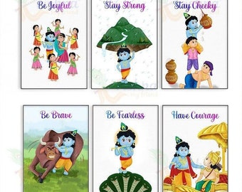 Kids Motivational Prints x6 - The Natkhat Collection, Krishna WallArt, Hindu God Art, Hindu Diwali Gift, Hindu Christmas Gift, Nursery