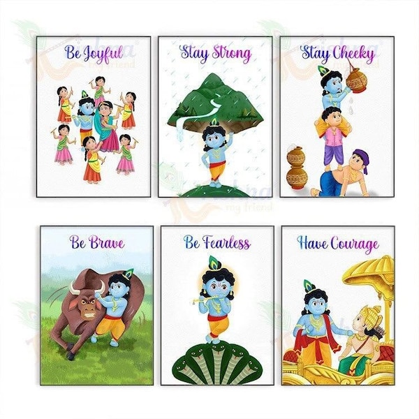 Kids Motivational Posters x3 - The Natkhat Collection, Stay Strong, Be Joyful, Have Courage, Krishna WallArt, Hindu Christmas Gift, Nursery