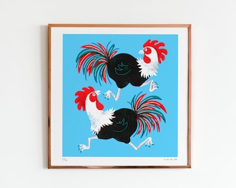 Roosters silkscreen printing, limited edition | Serigrafía de gallos, edición limitada