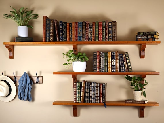 Solid cherry bookshelves, custom length floating shelf with brackets
