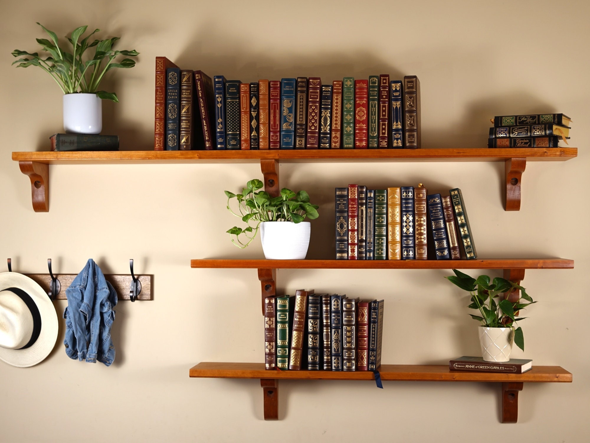 Solid cherry bookshelves, custom length floating shelf with brackets