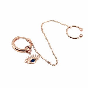 Blue Eye Earrings with Cartilage ,Non Pierced Cuff , 925 Sterling Silver , Evileye Earrings , Chain Earring Huggies,Ear Climber