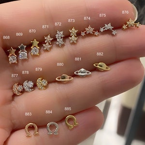 Star Solid Double Star Piercing, Crescent Piercing, Planet, Helix Piercing, Schroef terug, Stud Piercing door te draaien, Tragus Piercing, 925 ct Zilver