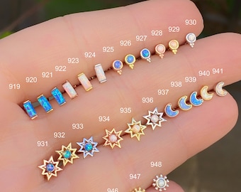 Opal Piercing,Baguette Opal Piercing,Crescent Opal Piercing, Helix,Screw back,Stud Piercing by turning,Tragus Piercing, 925 ct Silver ,Gift