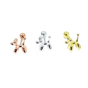 Perforación de perro con globo, pendientes de perforación de perro, perforación de hélice, tornillo hacia atrás, perforación de perno por giro, plata de 925 ct, globo de caniche hecho a mano