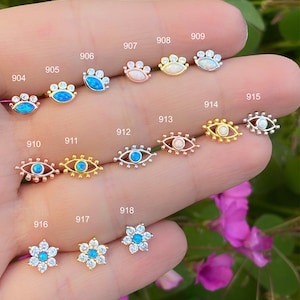 White Blue Opal Evileye Piercing, Helix Piercing, Helix Piercing, Schraubverschluss, Ohrstecker Piercing durch Drehen, Tragus Piercing, 925 ct Silber, Geschenk