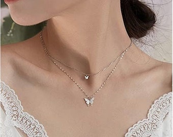 Silver and Golden CZ Butterfly Choker Necklace for Teen Girls Butterfly