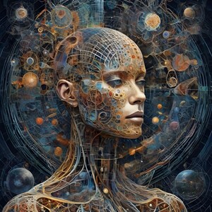 Peut inclure: Une peinture numérique d'un visage humain avec un design détaillé et complexe de rouages, d'engrenages et d'autres éléments mécaniques. L'arrière-plan est bleu foncé avec des motifs tourbillonnants et des étoiles.