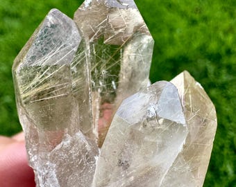 May include: A cluster of clear quartz crystals with golden inclusions. The crystals have sharp, pointed terminations and a slightly translucent appearance. The background is a blurred green, suggesting a natural setting.