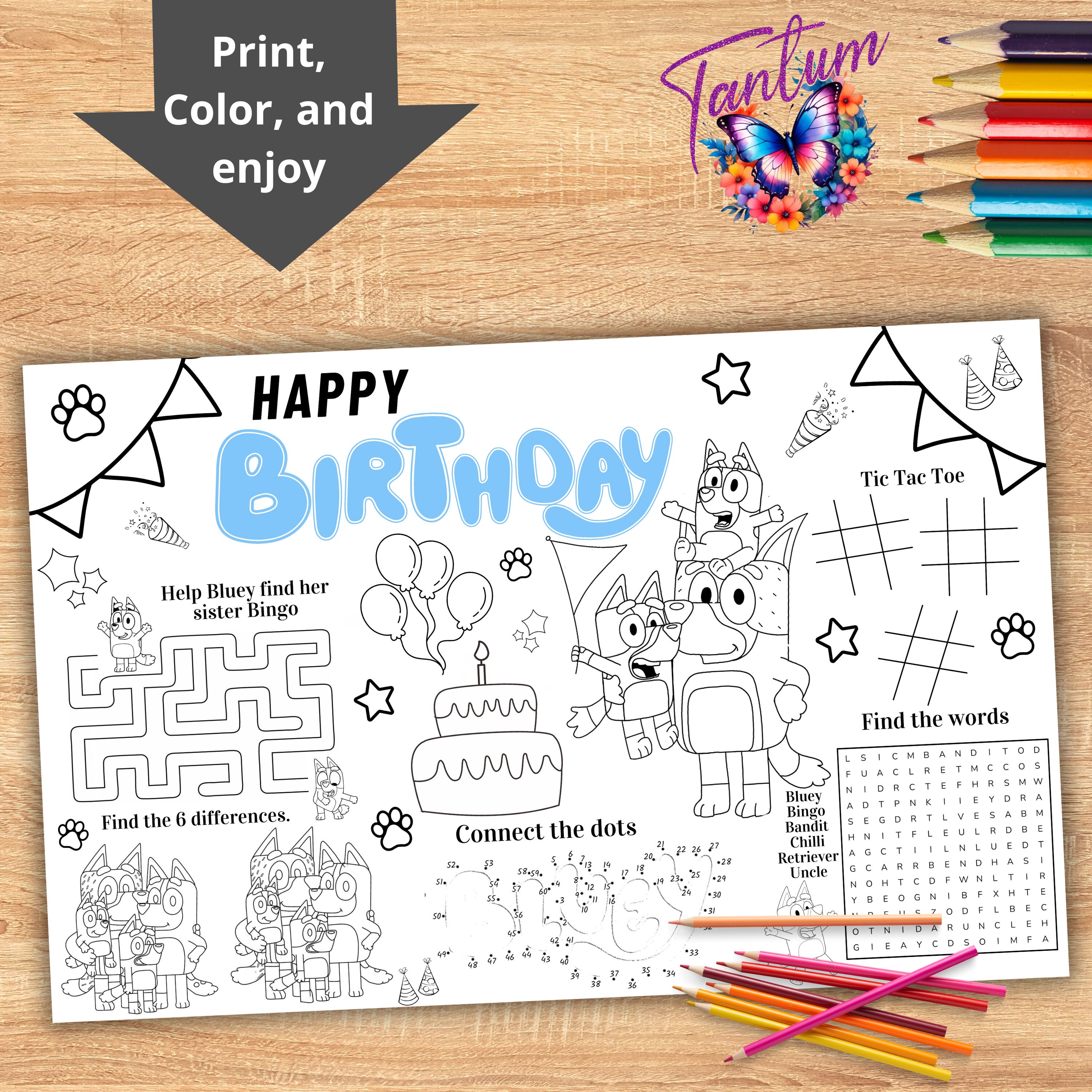 Bluey Coloring Page, Bluey Birthday Placemat, Activity Set, Bluey Party