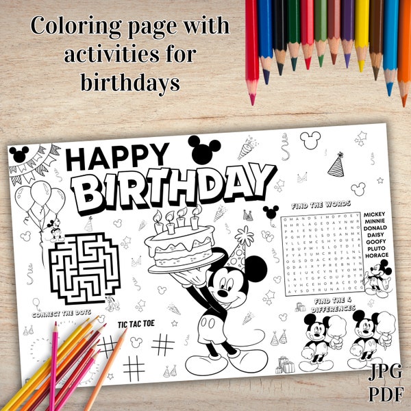 Mickey Mouse Birthday Placemat, Mickey Mouse Party, Coloring Activity Mat, Kids Party Activity | Coloring Page, INSTANT DOWNLOAD