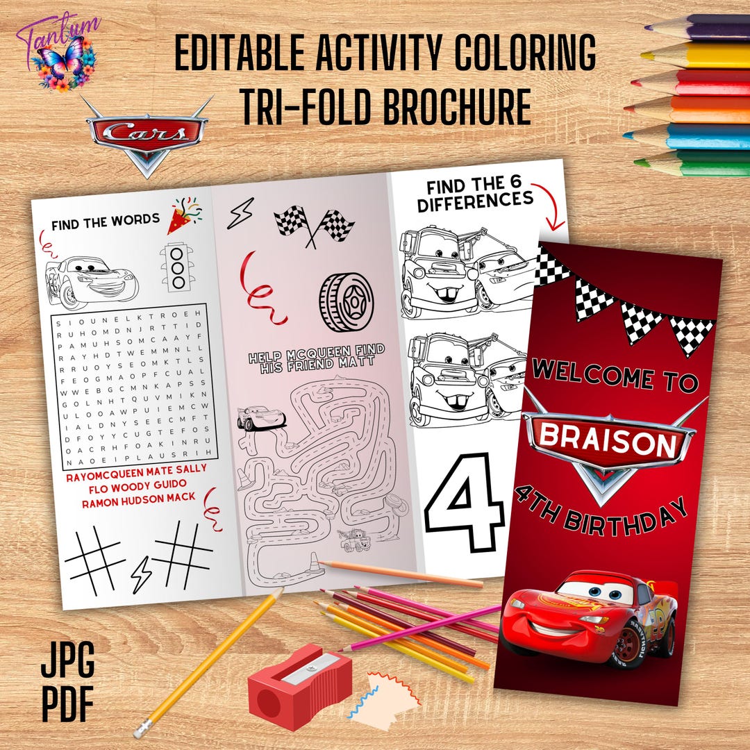 Printable Cars Activity Sheet, Cars Trifold Brochure, Cars Coloring ...