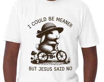 I Could be Meaner but Jesus said no, Funny Christian Short-Sleeve Unisex T-Shirt, Cute Bunny riding a Vintage Bike