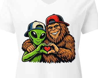 Cute Bigfoot and Alien Heart Hands Women’s Relaxed V-Neck t-shirt, Sasquatch Big Foot and Alien Bros