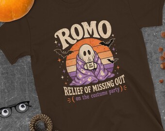 Spooky ROMO, Relief of Missing Out on the Costume Party, At Home Cozy Ghost, Introvert Halloween, Unisex T-Shirt