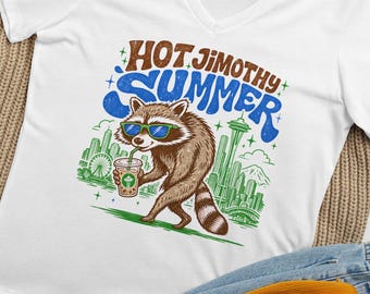 Hot Jimothy Relaxed V-neck Summer Raccoon Seattle Legend drinking Iced Coffee Women’s T-shirt