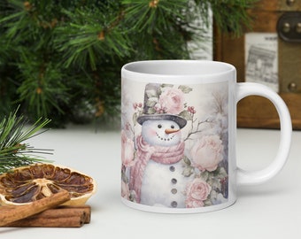 Vintage Pastel Pink Cute Snowman Coffee Mug, Pink and White Cute Snowman Christmas Scene