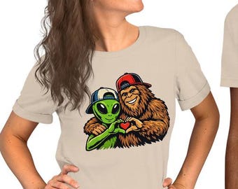 Cute Bigfoot and Alien Heart Hands Unisex t-Shirt, Best Bros Alien and Bigfoot Sasquatch