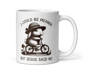 I Could be Meaner but Jesus said no Coffee Mug, Funny Sarcastic Christian, Cute Vintage Bunny on a Bike