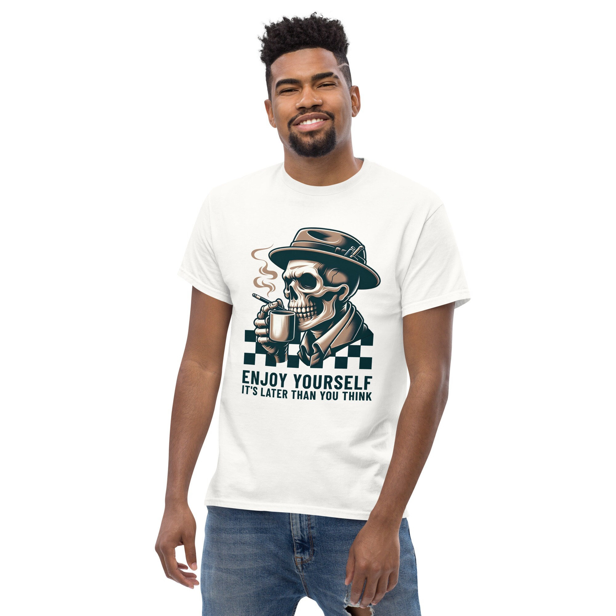 Enjoy Yourself It's Later Than You Think Men's Classic T-Shirt, Skeleton Barista, 2 Tone Ska, Ska Punk, Rude Girl, Rude Boy, Checkered