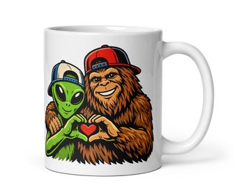 Cute Bigfoot and Alien Heart Hands Coffee Mug, Best Bros Alien and Bigfoot Sasquatch