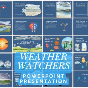 以下が含まれることがあります： 「Weather Watchers」というタイトルのPowerPointプレゼンテーション。晴れ、雨、風、雪など、さまざまな天気の状況をカラフルなイラストで表現しています。このプレゼンテーションには、さまざまな天気の状況に合わせた服装のヒントや、天気予報を読むのに役立つツールが紹介されています。