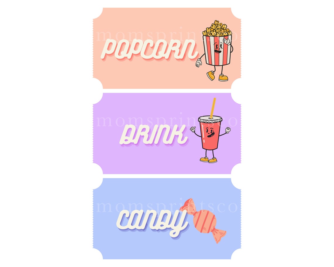 Printable Retro Concession Stand Tickets Bundle Movie Night Etsy