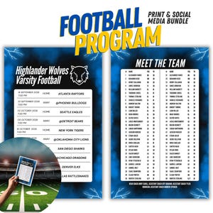 May include: A digital football program print and social media bundle featuring a blue background with lightning graphics. The design includes a schedule for the Highlander Wolves Varsity Football team and a roster list titled Meet the Team.