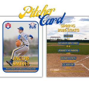 Puede incluir: Una tarjeta de béisbol que muestra a un lanzador con uniforme gris y azul en el frente con el nombre Jacob Smith, y un reverso con estadísticas de primavera de 2026 que incluyen juegos, récord de temporada, número de camiseta 10, ciudad natal Henderson y clase de 2027.