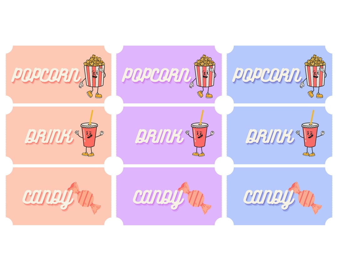 Printable Retro Concession Stand Tickets Bundle Movie Night Etsy