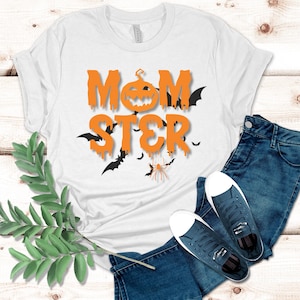 Momster T Shirt Women, Funny Halloween Spider Graphic Tee, Casual Mom, Letter Print, Momster Tee