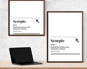 May include: Two framed prints with the word "Scorpio" in black text, the astrological symbol for Scorpio, and a description of the zodiac sign. The text reads "(fixed) Ruled by Mars & Pluto, erotic, regenerative, and loyal (Element: water)".