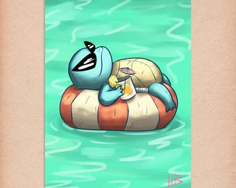 Funny Squirtle Art Print – Anime Comic Fan Turtle Gang with sunglasses | Summer Vibes poster | A5 artprint