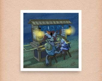 Japan Street Food Art Print | Cozy Anime Octopus & Cat Illustration | Cartoon Ramen bar Poster | square 20x20 cm