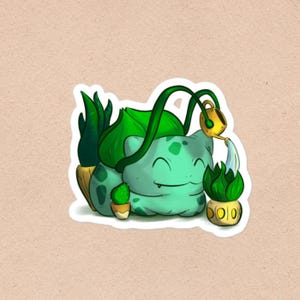 Pegatina de Bulbasaur / Arte anime lo-fi de animales regando plantas / Set de inicio de primera generación / Vinilo, resistente al agua, 6 x 5 cm