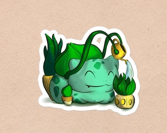 Schattige Bulbasaur-sticker | Anime Bulbasaur die planten water geeft | Gezellige lo-fi illustratie