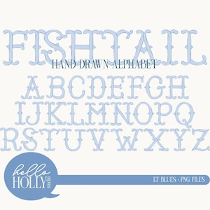 Handgetekende vissenstaartalfabet - grillige hoofdletters AZ - lichtblauwe set - digitale download - png-bestanden