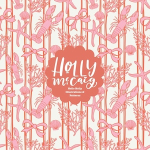 Pink Coastal Seamless Background | Hand Drawn Repeat Pattern | Lobster Starfish Digital Download