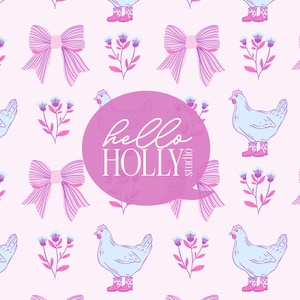 Chicken Seamless Pattern - Chickens, Bows Flowers - Pinks, Blues Purples - Preppy Coquette Style - Digital Download - Repeat Background