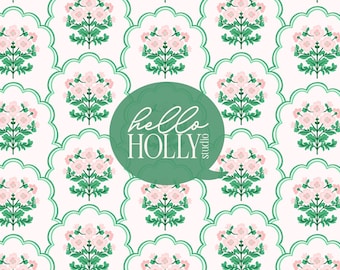 Pink Floral Grand Millennial Scallop Pattern - Preppy Floral Background - Floral Seamless Tile - Grand Millennial Patterns