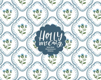 Blue Floral Seamless Background - Grand Millenial Repeat Pattern - Scallop Cottage Core