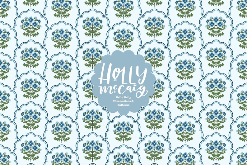 Floral Seamless File - Grand Millennial Blue Scallop Design - Repeat Background for Fabrics image 1