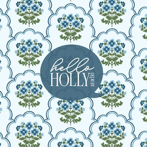 Blue Floral Grand Millennial Scallop Pattern - Preppy Floral Background - Floral Seamless Tile - Grand Millennial Patterns