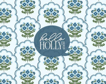 Blue Floral Grand Millennial Scallop Pattern - Preppy Floral Background - Floral Seamless Tile - Grand Millennial Patterns
