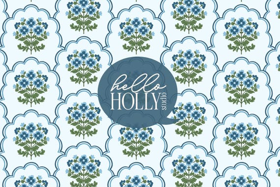 Blue Floral Grand Millennial Scallop Pattern - Preppy Floral Background - Floral Seamless Tile - Grand Millennial Patterns