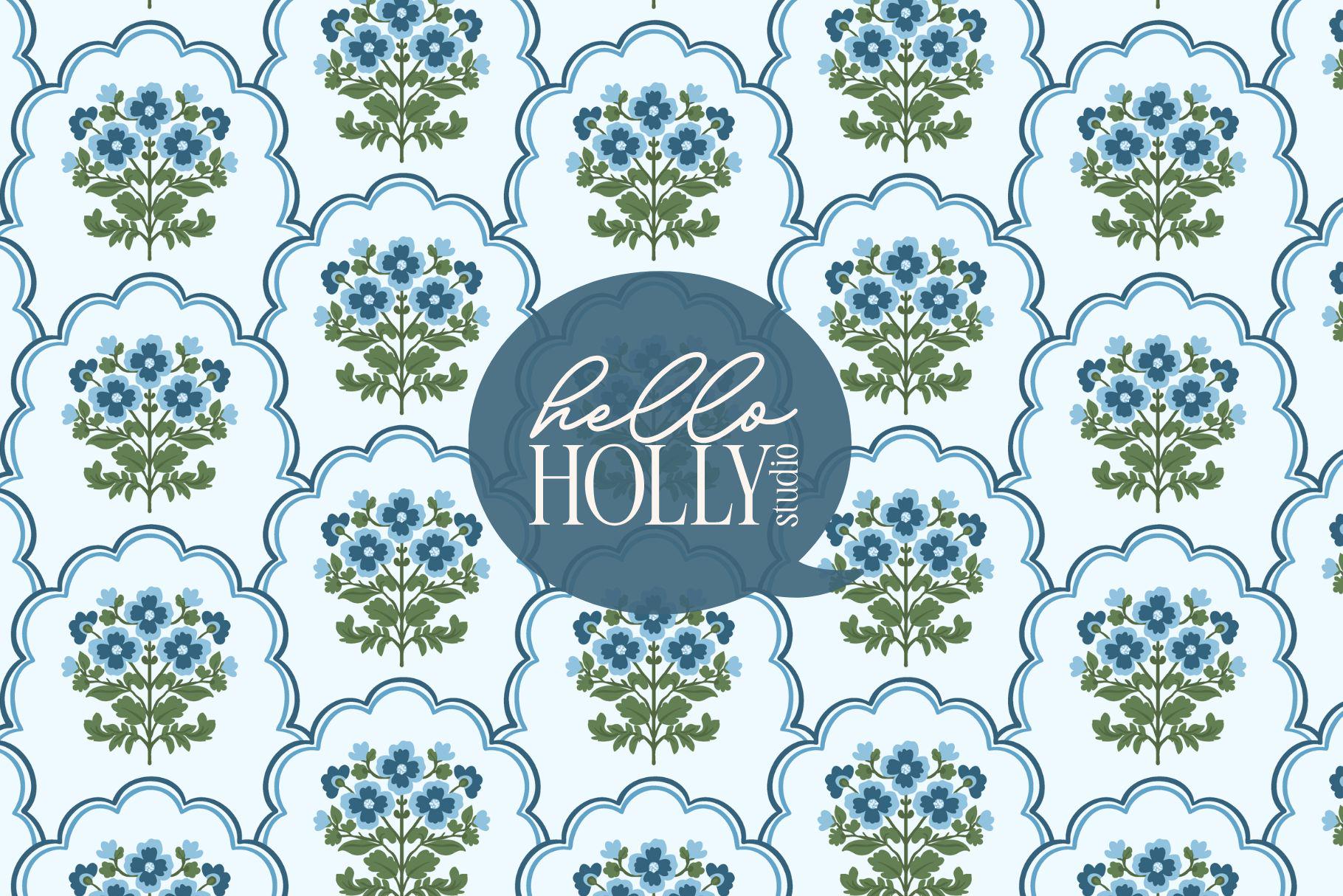 Blue Floral Grand Millennial Scallop Pattern - Preppy Floral Background - Floral Seamless Tile - Grand Millennial Patterns