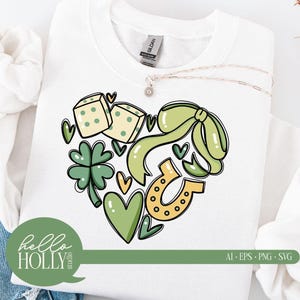 Dia de São Patrício Gráfico em forma de coração - Dados de corações de arco de ferradura de trevo desenhados à mão - Download digital de sublimação de camiseta